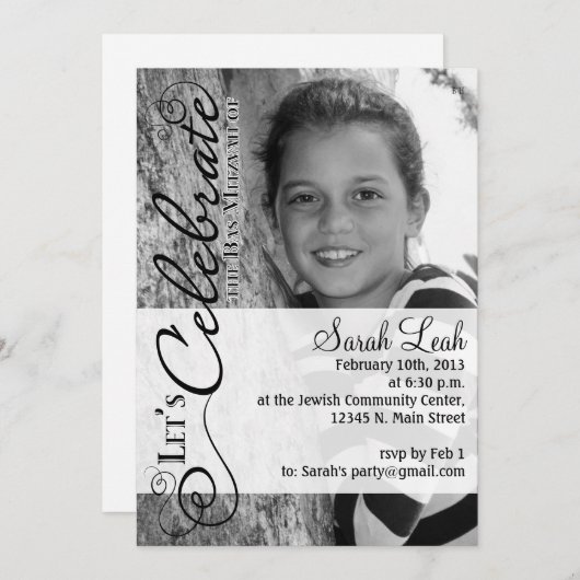 Bat Mitzvah Fotouitnodiging Kaart (Voorkant / Achterkant)