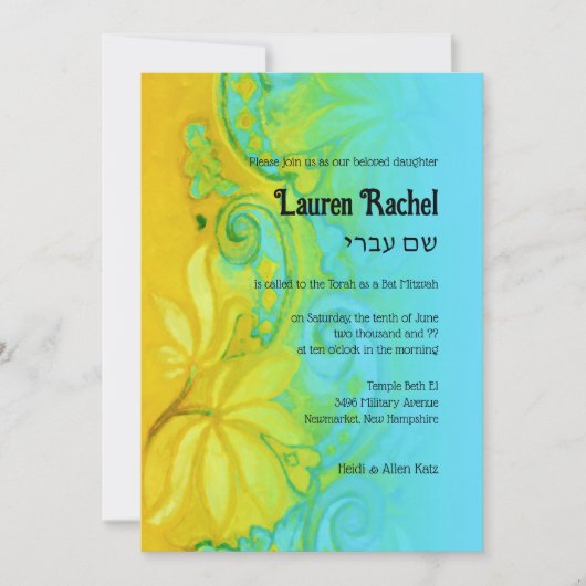 Bat Mitzvah Geel Turquoise Blauw Bohemian Bloemen Kaart (Voorkant)