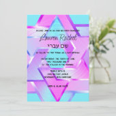 Bat Mitzvah gelaagde sterren van David Pink Aqua P Kaart (Staand voorkant)