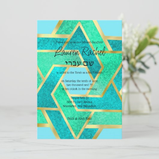 Bat Mitzvah gelaagde sterren van David Turquoise A Kaart (Staand voorkant)