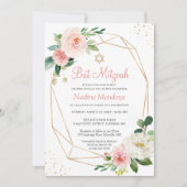Bat Mitzvah | Geometrische Blush Pink Floral Kaart (Voorkant)