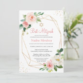Bat Mitzvah | Geometrische Blush Pink Floral Kaart (Staand voorkant)