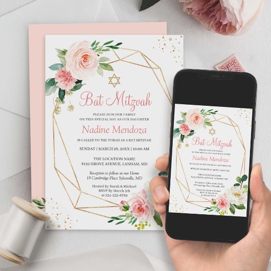 Bat Mitzvah | Geometrische Blush Pink Floral Kaart