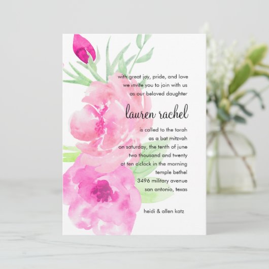 Bat Mitzvah Gepilde Waterverf Roze rozen Kaart (Staand voorkant)