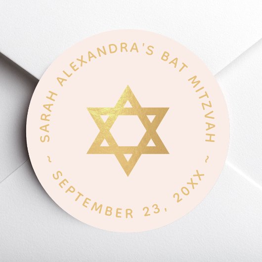 Bat Mitzvah Girl Pink Faux Gold Foil Star of David Ronde Sticker