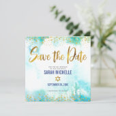Bat Mitzvah Girly Turquoise Waterverf & Gold Foil Save The Date (Staand voorkant)