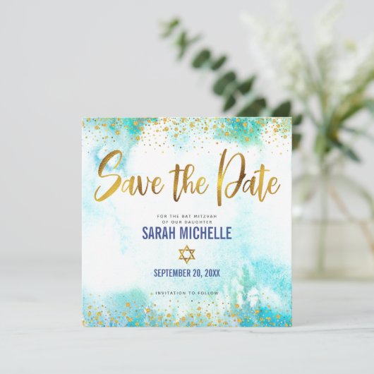 Bat Mitzvah Girly Turquoise Waterverf & Gold Foil Save The Date (Staand voorkant)