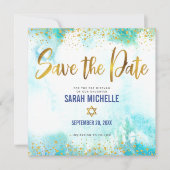 Bat Mitzvah Girly Turquoise Waterverf & Gold Foil Save The Date (Voorkant)