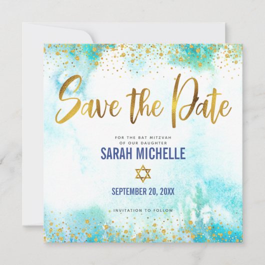 Bat Mitzvah Girly Turquoise Waterverf & Gold Foil Save The Date (Voorkant)