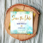 Bat Mitzvah Girly Turquoise Waterverf & Gold Foil Save The Date<br><div class="desc">Zorg ervoor dat al je vrienden en familieleden de mijlpaal van je dochter Bat Mitzvah kunnen vieren! Verzend dit verbluffende, moderne, dunne gouden faux folie en glitter stippen en typografiemanuscript tegen een turkooise blauwe achtergrond van de waterverf, gepersonaliseerd "sparen de Datum"aankondigingskaart. Faux gouden folie met een witte ster van David...</div>