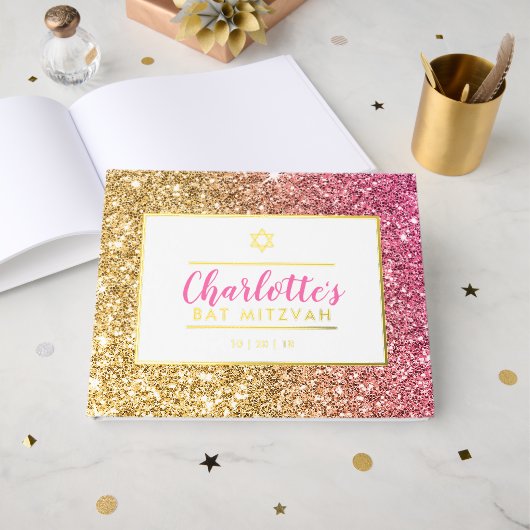 BAT MITZVAH glam chic cool luxe roze goud glitter Gastenboek (Voorkant open)