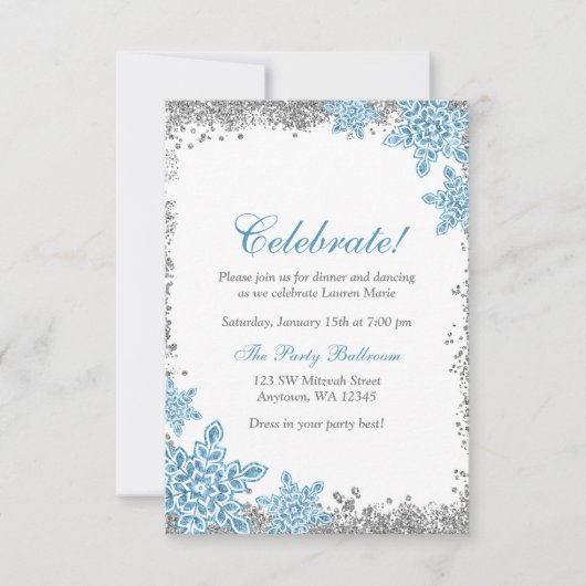 Bat Mitzvah Glam Winter Wonderland Blue Reception Kaart (Voorkant)