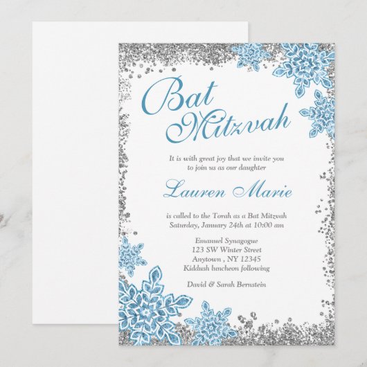 Bat Mitzvah Glam Winter Wonderland Silver Blue Kaart (Voorkant / Achterkant)