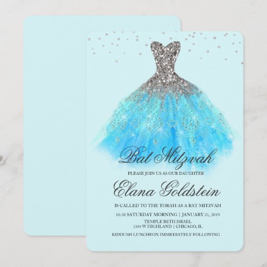Bat Mitzvah Glitter Dress Diamond Uitnodiging (Voorkant / Achterkant)