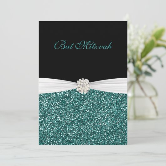 Bat Mitzvah, Glitter en Parels, Aangepaste Uitnodi Kaart (Staand voorkant)