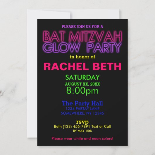 Bat Mitzvah GLOW ARTIJ Birthday Uitnodiging (Achterkant)