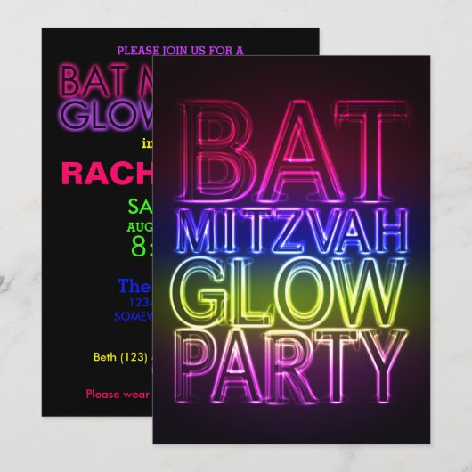 Bat Mitzvah GLOW ARTIJ Birthday Uitnodiging (Voorkant / Achterkant)