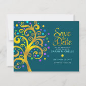 Bat Mitzvah Gold & Blue Folie Tree on Blauwgroen Save The Date (Voorkant)