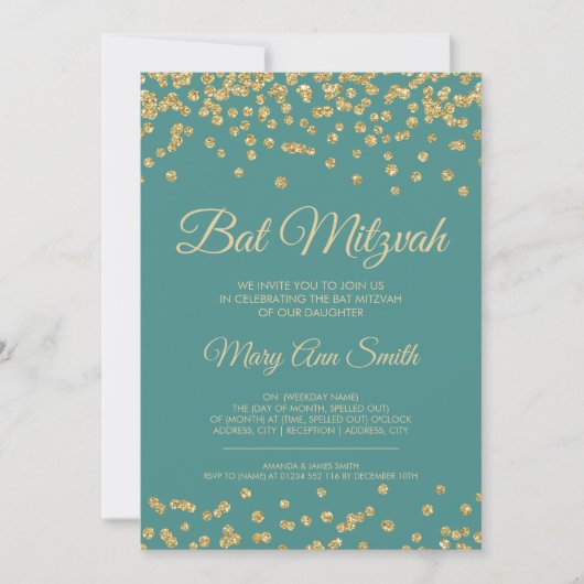 Bat Mitzvah Gold Faux Glitter Confetti Blauwgroen Kaart (Voorkant)