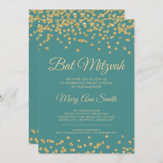 Bat Mitzvah Gold Faux Glitter Confetti Blauwgroen Kaart (Voorkant / Achterkant)
