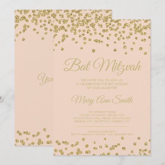 Bat Mitzvah Gold Faux Glitter Confetti Blush Pink Kaart (Voorkant / Achterkant)