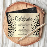 Bat Mitzvah Gold Foil Black Tree of Life Script Informatiekaartje<br><div class="desc">Wees trots, blij en toon deze mijlpaal van je favoriete Bat Mitzvah! Deze verbluffende, geavanceerde, gepersonaliseerde partijinformatiekaart is het perfecte tussenstuk voor deze speciale gelegenheid. Grafische zwarte bomen met Star van David en puntige "bladeren" en zwarte kalligrafie, bedekken een sparkly, faux goudglitter-stippen en foliombre-achtergrond. Een faux gouden ster van David...</div>