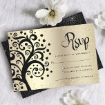 Bat Mitzvah Gold Foil Black Tree of Life Script RSVP Kaartje<br><div class="desc">Wees trots, blij en toon deze mijlpaal van je favoriete Bat Mitzvah! Omvat deze verbluffende, geavanceerde, persoonlijke RSVP-invoegkaart voor uw evenement. Een grafische zwarte boom met Star van David en stip "bladeren" en een zwart kalligrafiekscript, bedekt een dunne, faux goudglitter stippen en foliombre achtergrond. Een faux gouden ster van David...</div>