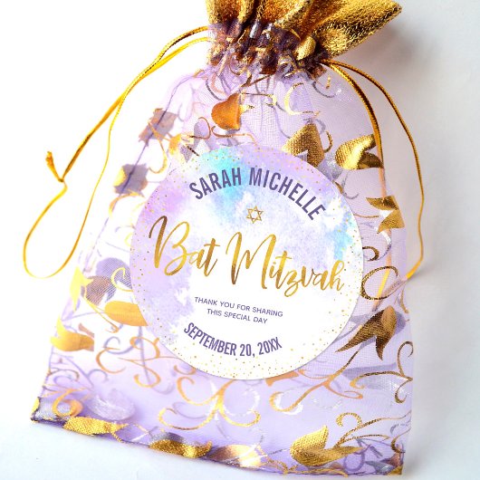 Bat Mitzvah Gold Foil Script op Paarse Waterverf Ronde Sticker