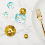 Bat Mitzvah Gold Foil Script Turquoise Waterverf Confetti<br><div class="desc">Voeg wat extra stijl toe aan je favoriete feestje van Bat Mitzvah met deze aanpasbare tafelconfetti! Prachtig, modern, sprankelend gouden faux folie handgeschreven script, Star of David en kleine stippen tegen een turquoise blauwe waterverf achtergrond aan de ene kant mix met een witte davidster over een faux gouden folie achtergrond...</div>