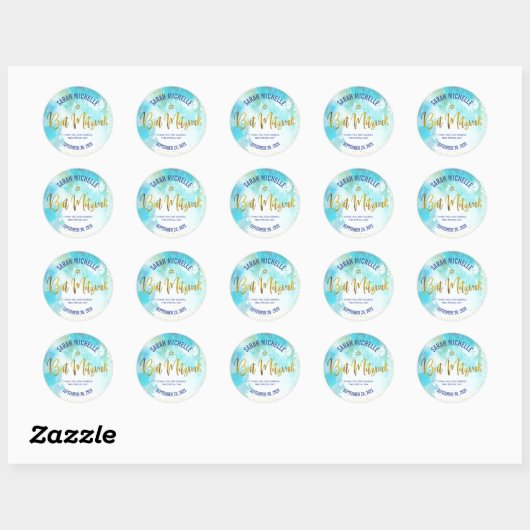 Bat Mitzvah Gold Foil Script, Turquoise Waterverf Ronde Sticker (Vel)