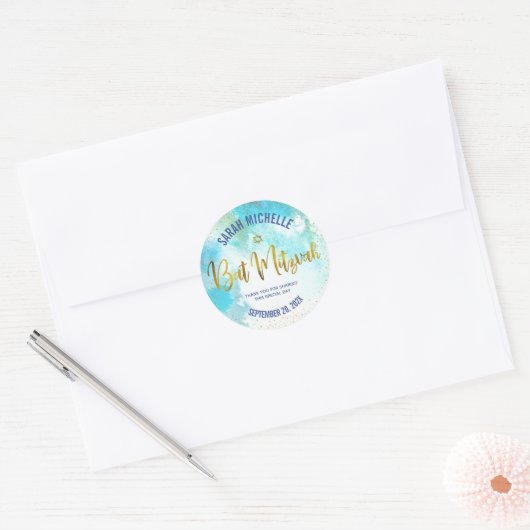 Bat Mitzvah Gold Foil Script, Turquoise Waterverf Ronde Sticker (Envelop)