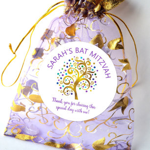 Bat Mitzvah Gold Foil Tree Life, Paarse typografie Ronde Sticker