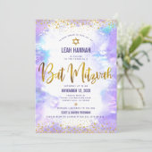 Bat Mitzvah Gold folie en paarse moderne waterverf Kaart (Staand voorkant)