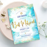 Bat Mitzvah Gold folie, turkooise moderne waterver Kaart<br><div class="desc">Wees trots, blij en toon deze mijlpaal van je favoriete Bat Mitzvah! Verzend dit verbluffende, moderne, dunne gouden faux folie en glitter stippen en typografische manuscript tegen een turkooise waterverf achtergrond, gepersonaliseerde uitnodiging voor een gebeurtenis om zich te herinneren. Pas de douanetekst met de naam, de datum, en de plaatsinformatie...</div>