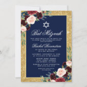 Bat Mitzvah Gold Glitter Floral Burgundy Blue Kaart (Voorkant)