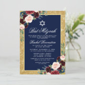 Bat Mitzvah Gold Glitter Floral Burgundy Blue Kaart (Staand voorkant)