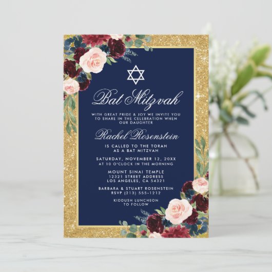 Bat Mitzvah Gold Glitter Floral Burgundy Blue Kaart (Staand voorkant)