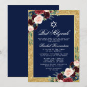 Bat Mitzvah Gold Glitter Floral Burgundy Blue Kaart (Voorkant / Achterkant)