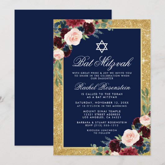 Bat Mitzvah Gold Glitter Floral Burgundy Blue Kaart (Voorkant / Achterkant)