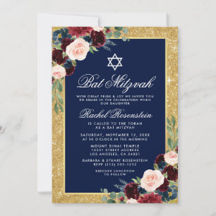 Bat Mitzvah Gold Glitter Floral Burgundy Blue Kaart