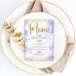 Bat Mitzvah Gold Glitter Folie Paarse Waterverf Menu<br><div class="desc">Wees trots, blij en toon deze mijlpaal van je favoriete Bat Mitzvah met een feest om trots op te zijn! Vertrek uw gasten met dit verbluffende, moderne menu van de partijmaaltijd, met schaars gouden folie en glitter stippen en typografische manuscript tegen een zacht paarse achtergrond van de waterverf. Haar naam,...</div>