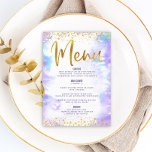 Bat Mitzvah Gold Glitter Folie Paarse Waterverf Menu<br><div class="desc">Wees trots, blij en toon deze mijlpaal van je favoriete Bat Mitzvah met een feest om trots op te zijn! Vertrek uw gasten met dit verbluffende, moderne menu van de partijmaaltijd, met schaars gouden folie en glitter stippen en typografische manuscript tegen een zacht paarse achtergrond van de waterverf. Haar naam,...</div>