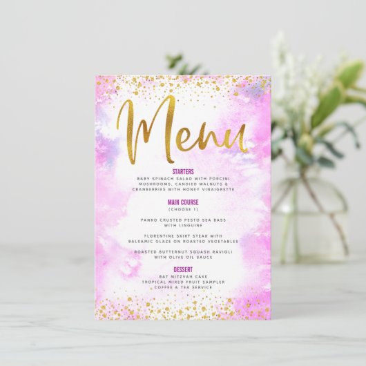 Bat Mitzvah Gold Glitter Folie Roze Waterverf Menu (Staand voorkant)