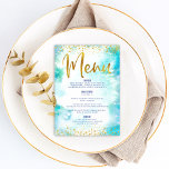 Bat Mitzvah Gold Glitter Folie Turquoise Waterverf Menu<br><div class="desc">Wees trots, blij en toon deze mijlpaal van je favoriete Bat Mitzvah met een feest om trots op te zijn! Vertrek uw gasten met dit verbluffende, moderne menu van de partijmaaltijd, met schaars gouden faux folie en glitter stippen en typografische manuscript tegen een turkooise waterverf achtergrond. Haar naam, de datum...</div>