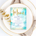 Bat Mitzvah Gold Glitter Folie Turquoise Waterverf Menu<br><div class="desc">Wees trots, blij en toon deze mijlpaal van je favoriete Bat Mitzvah met een feest om trots op te zijn! Vertrek uw gasten met dit verbluffende, moderne menu van de partijmaaltijd, met schaars gouden faux folie en glitter stippen en typografische manuscript tegen een turkooise waterverf achtergrond. Haar naam, de datum...</div>
