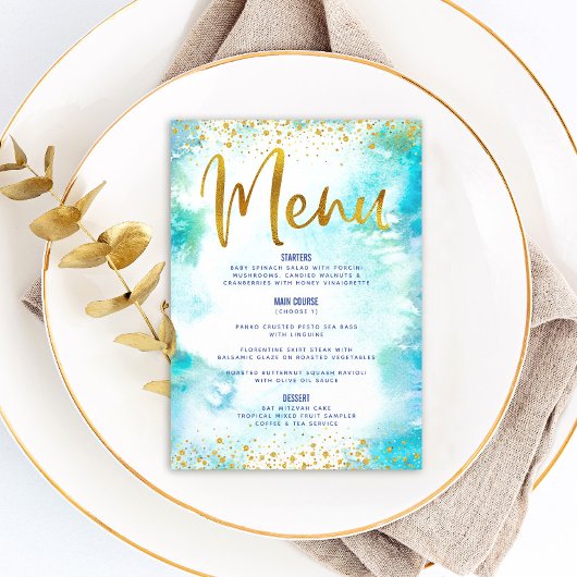 Bat Mitzvah Gold Glitter Folie Turquoise Waterverf Menu