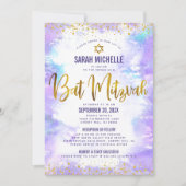 Bat Mitzvah Gold Glitter Paarse Waterverf 2 Locati Kaart (Voorkant)