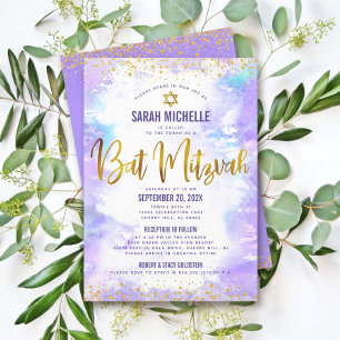 Bat Mitzvah Gold Glitter Paarse Waterverf 2 Locati Kaart