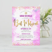 Bat Mitzvah Gold Glitter Pink Waterverf 2 Locatie Kaart (Staand voorkant)