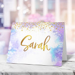 Bat Mitzvah Gold Paarse Waterverf Sarah Blank Bedankkaart<br><div class="desc">Zorg ervoor dat uw favoriete Bat Mitswa shows haar waardering voor iedereen die haar mijlpaal evenement ondersteund! Stuur deze prachtige, moderne, gepersonaliseerde bedankbriefje. Sprankelend faux gouden folie handgeschreven script en kleine glitter stippen bedekken een lichte paarse waterverf achtergrond. Blanco binnenkant voor je handgeschreven notitie. Gegarandeerd een stijlvol tintje aan haar...</div>